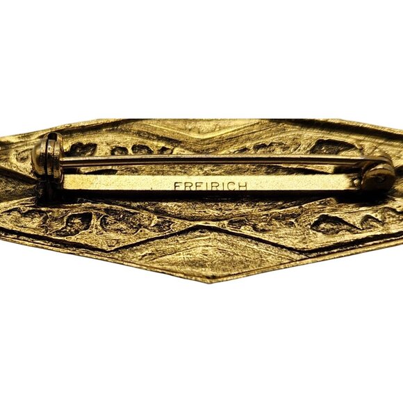 Vintage Freirich Gold Tone Victorian Revival Amber Glass Mourning Brooch Pin - Picture 7 of 7